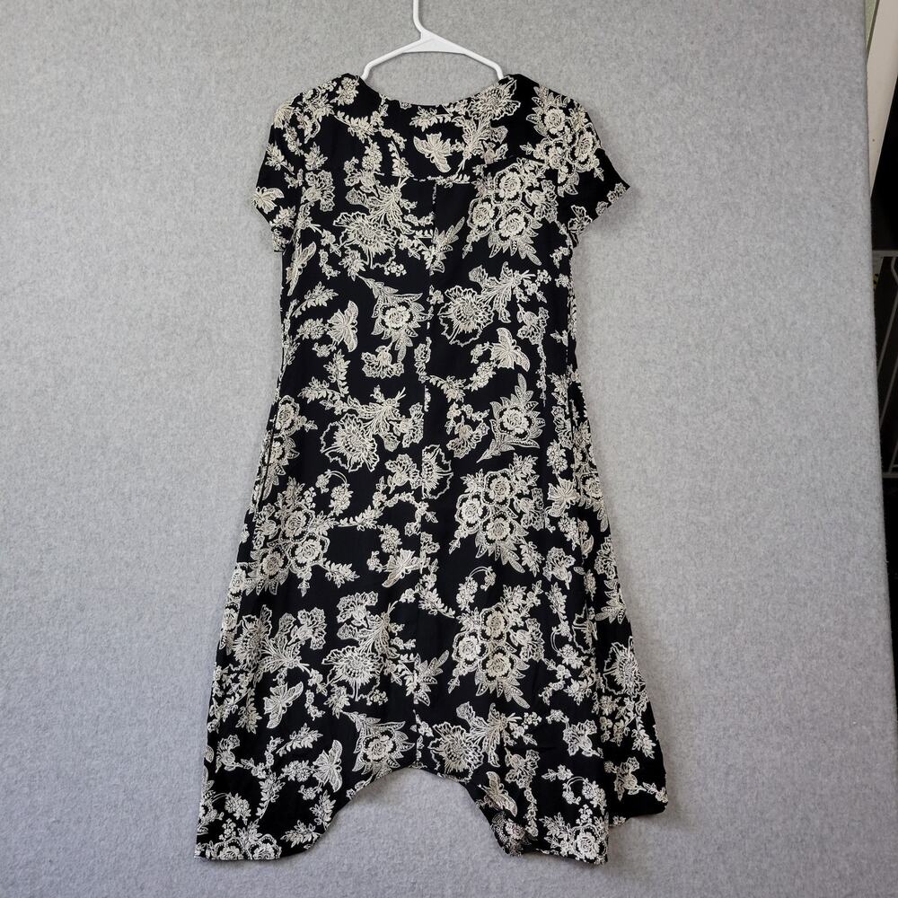Citron Santa Monica Black Floral SS Faux Wrap Midi Shift Dress Medium Pockets - Picture 7 of 12